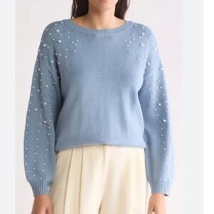 Grey Collective Ima=itation Pearl Embellished Crewneck Sweater Blue Size L